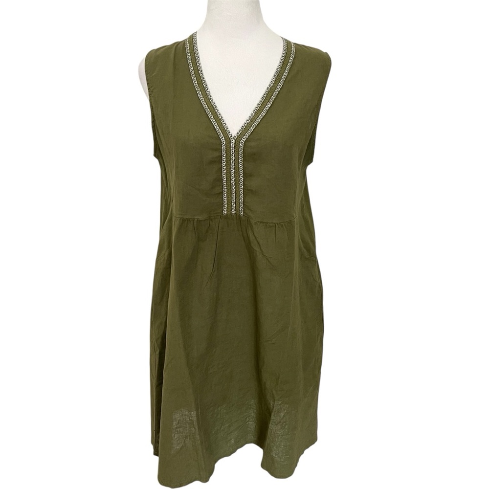 Terzo Millennio Italy Women S Olive Green Cotton Dress Beachy Casual‎ V Neck NEW